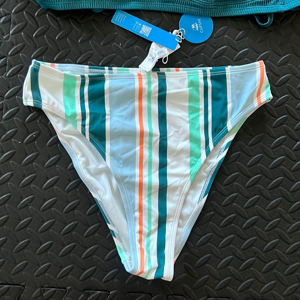Multicolor stripes high waisted bikini bottom. Medium.